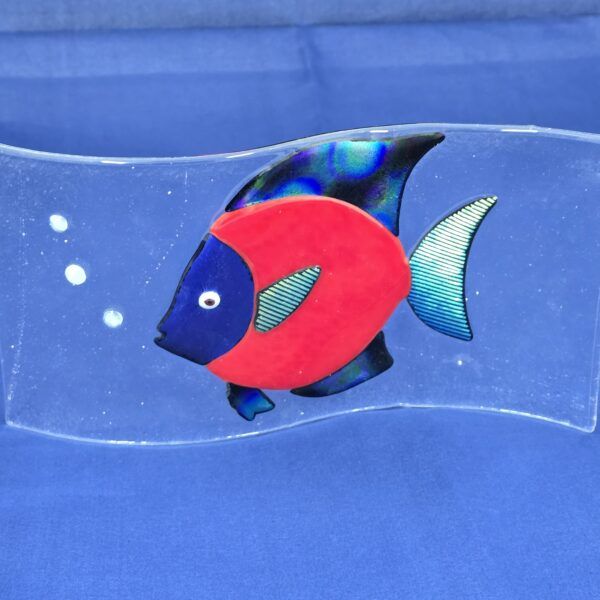 Colourful fish blowing bubbles on curved fused glass.