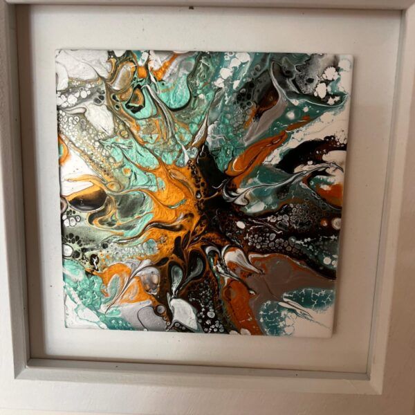 Creative image in brown and green tones inside white frame.