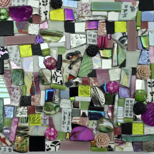 mosaic made of predominately purple glass.